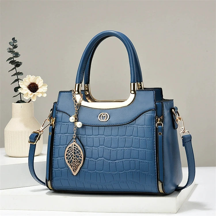 Custom Cheap Blue Latest Fashion Large Capacity Durable Casual Tote Zipper Soft Pu Leather Shoulder Handbag for Women