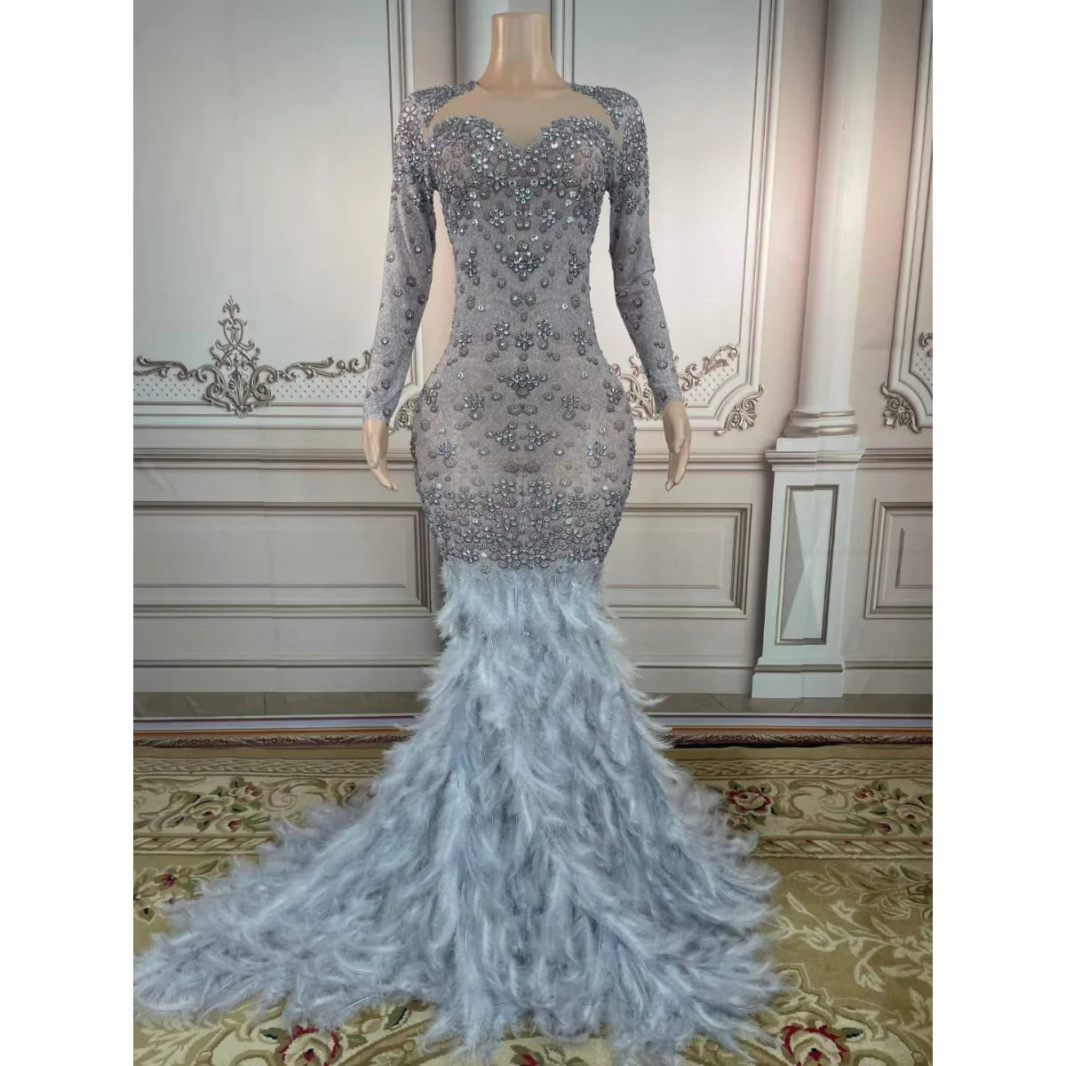 Long Evening Dresses Party Elegant Diamond Crystal Backless Feather Performance Wear Dress Clothing