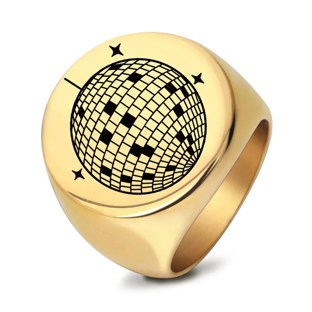 316L Stainless Steel Championship Ring Round Smooth Laser Personalized Earth Ring for Men 18k Gold Waterproof Vintage Jewelry