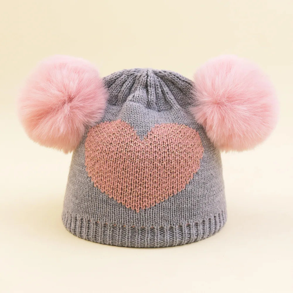 Kids Heart Loving Heart Jacquard Knit Hat Children Acrylic Girl Double Pompom Beanie Hat for Age 3-8 Years