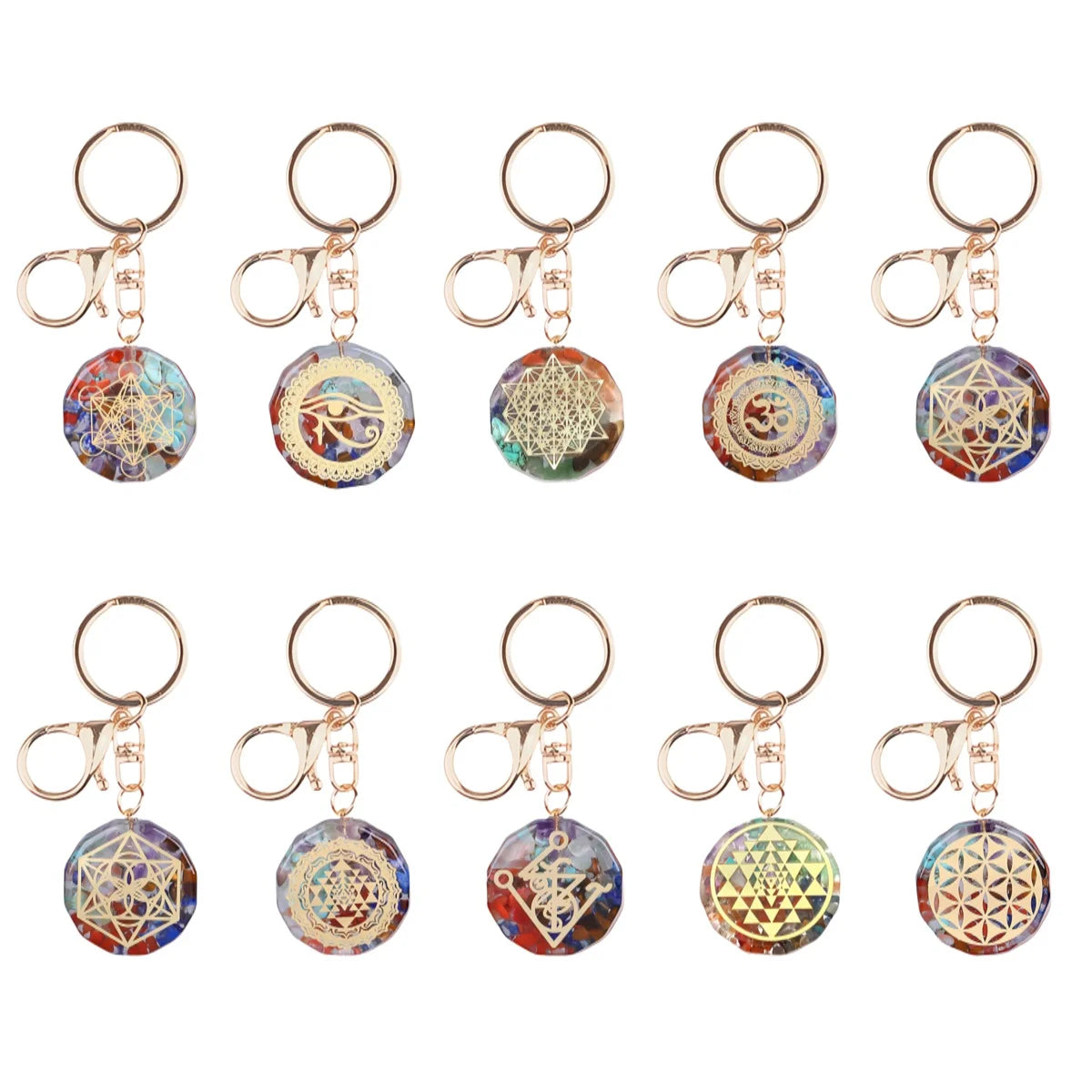 Fashion Colorful 7 Chakra Hexagram Resin Crushed Stone Pendant Keychain Golden Rune Bag Keychain Decoration Custom Jewelry Gift