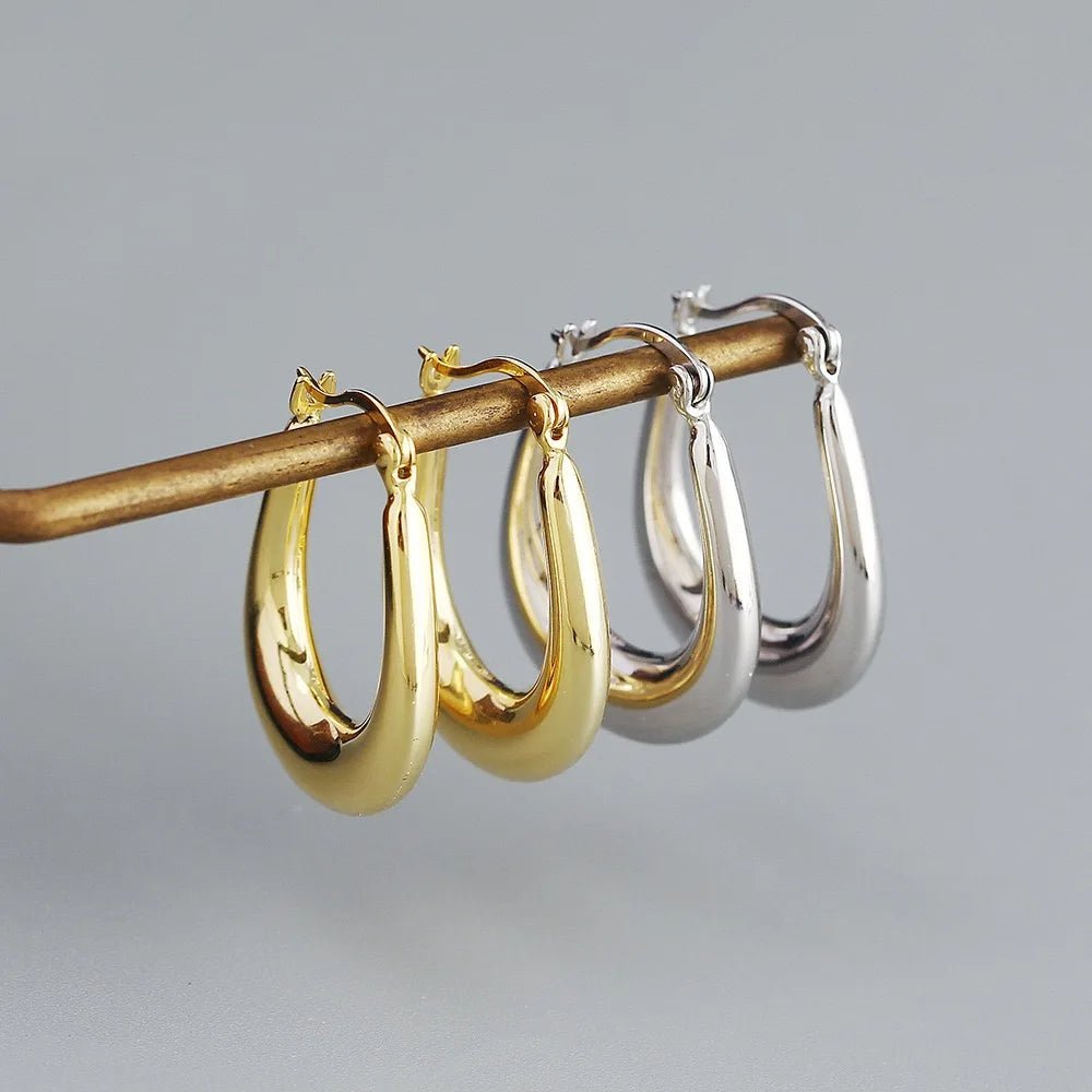 Fashion 925 Sterling Silver Simple Plain Heavy Chunky Punk U Shape Gold Plated Sterling Silver Hoop Earrings for Women