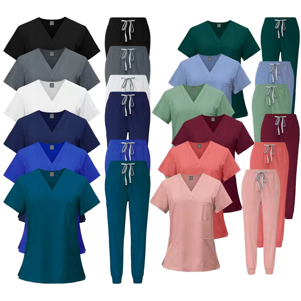 Comfortable Stretchy Hospital Nurse Doctor Scrubs Uniform Sets V Neck Short Sleeves Jogger Pants Custom Women Scrub Suits