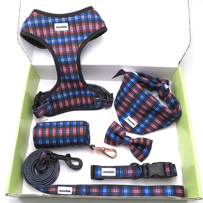2025 New Fashion Personalized Nylon Dog Harness with Leather 6-Piece Set Leash Collar Harness