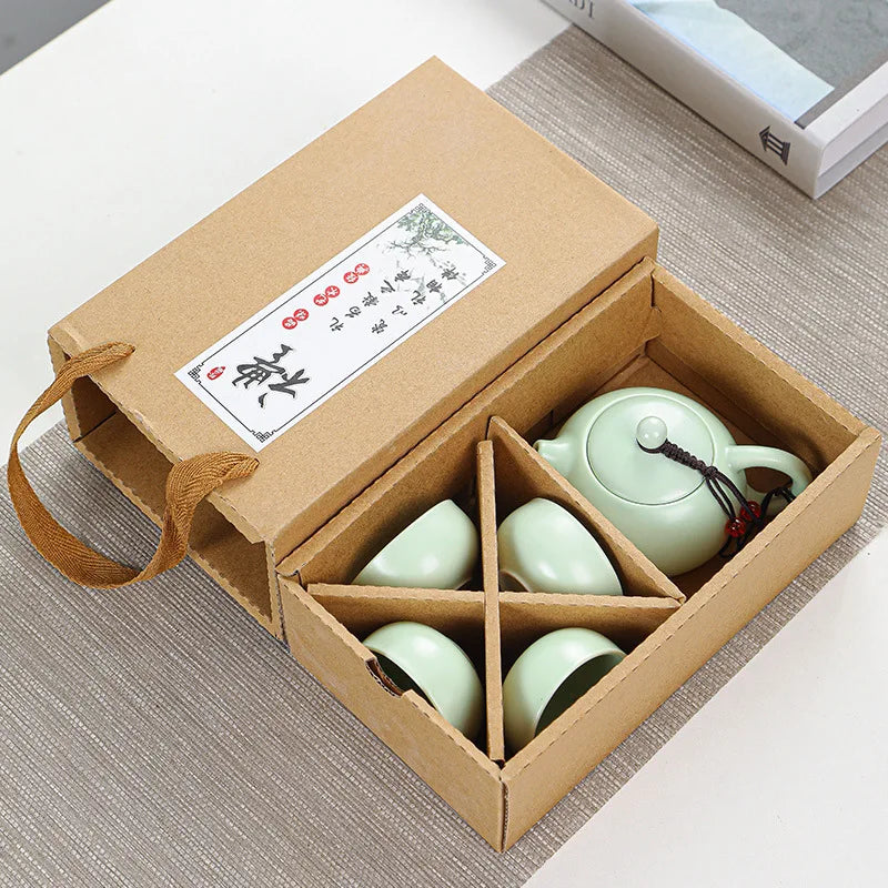 Ceramic Customized Logo Business Gift Travel Tea Cup Chinese Style Celadon Tea Cup Set With a Gift Bag
