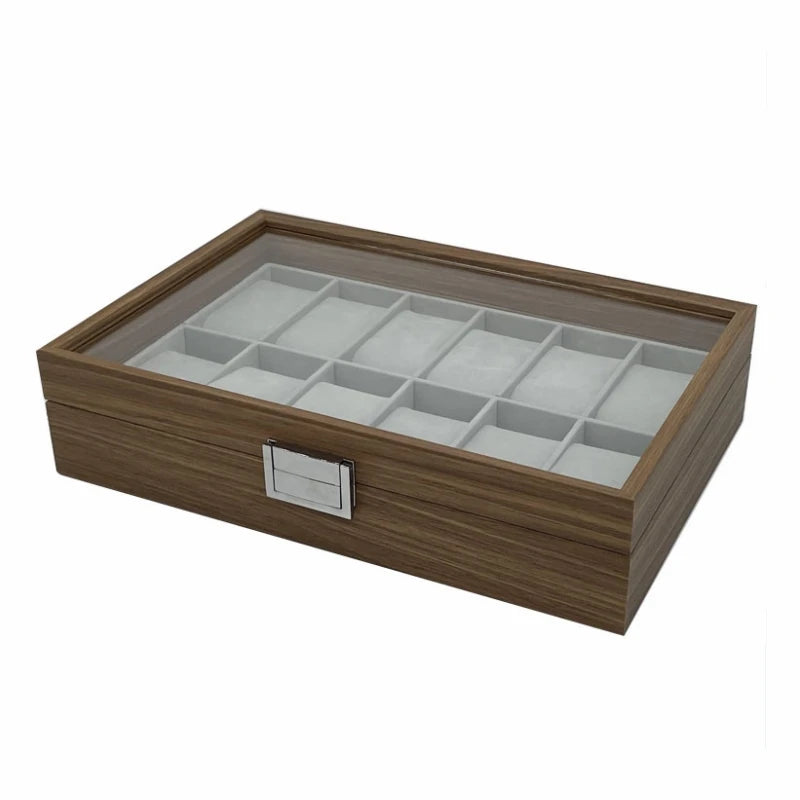 Antique Retro Walnut Wood Color 12 Slots Watch Box With Glass Lid Hinge