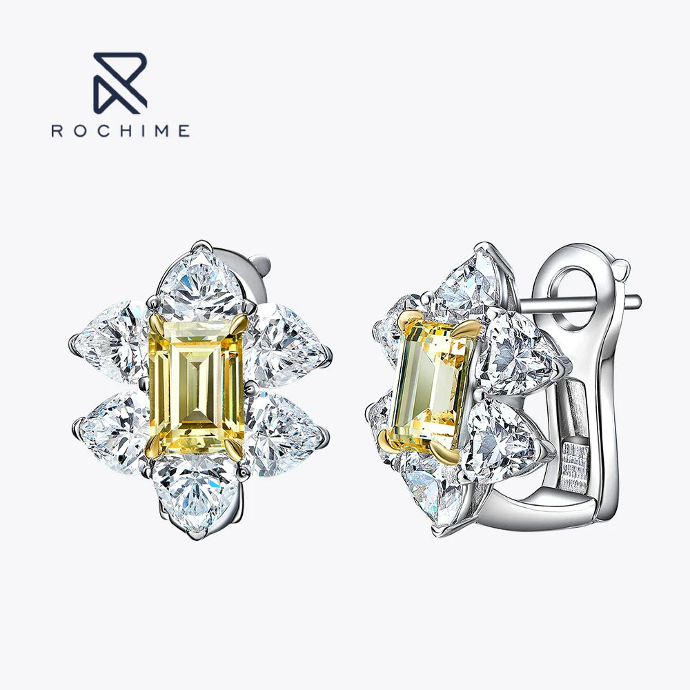 Rochime Cluster Yellow Gemstone Earrings S925 Silver Gold Plated 5a Zircon Jewelry for Women