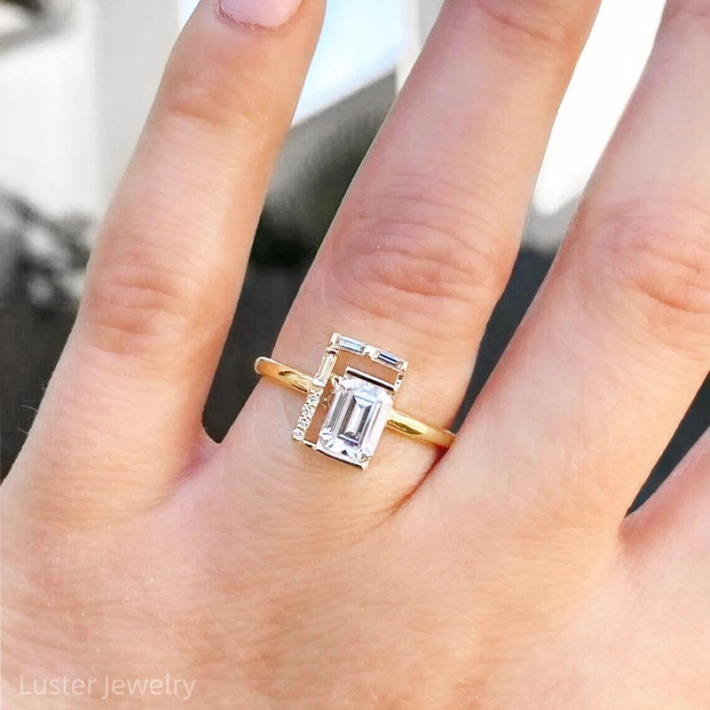 Luster Jewellery S925/10/14/18k 2ct Moissanite Engagement Emerald Cut Gold Wedding Ring for Women
