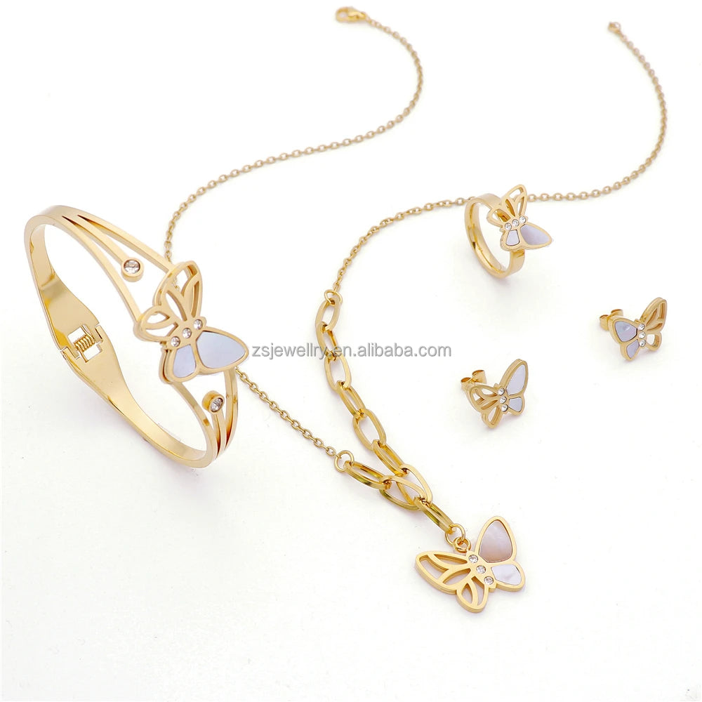 Designer Inspired Dubai Gold Plated Butterfly Shell Stainless Steel Sets Wedding Luxury Zirconia Jewelry Set