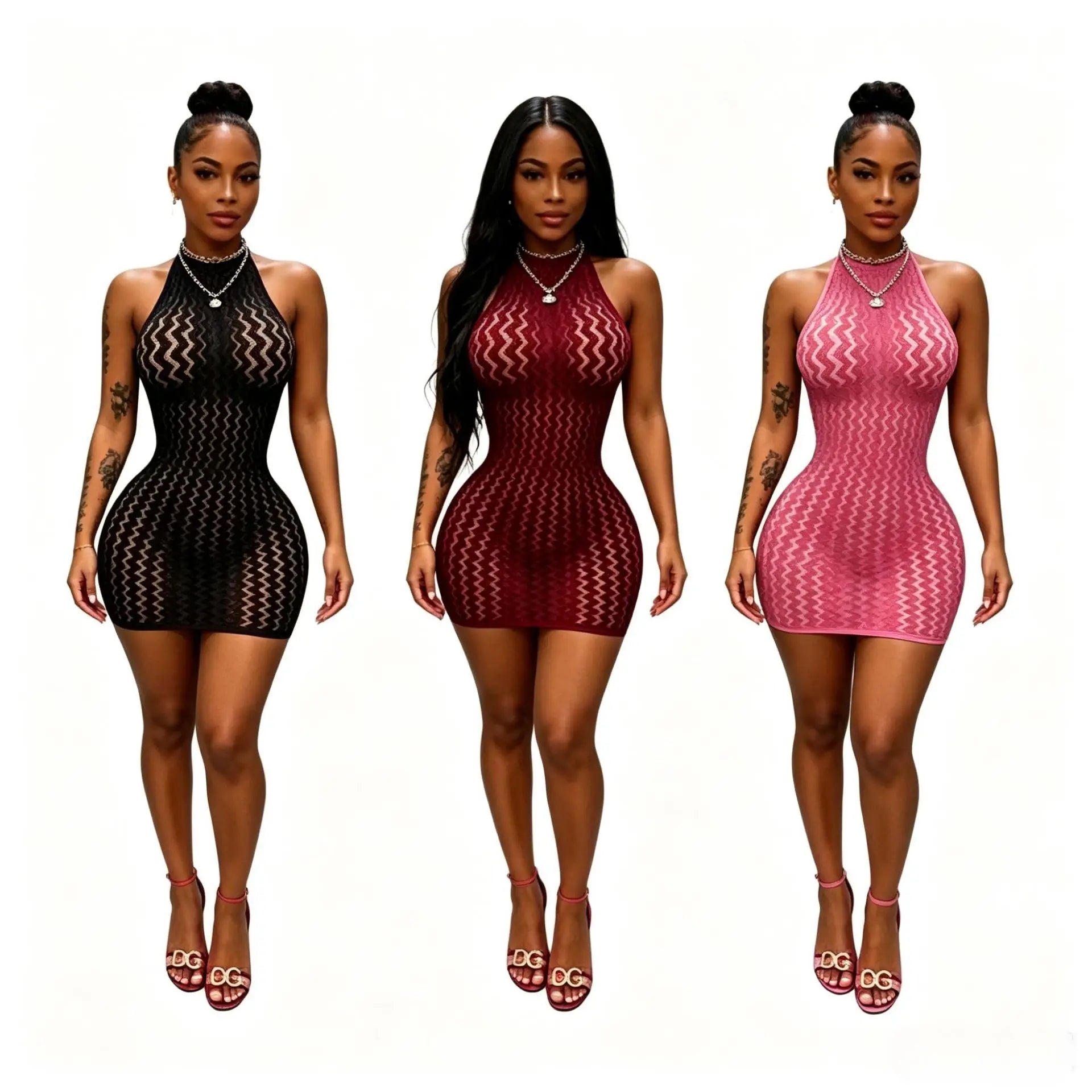 Fashion Summer Sexy Outfits Women Sleeveless O Neck Halter Mini Dress High Waist Mesh See Through Women Casual Dress