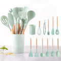 12pcs Eco-Friendly Wooden Handle Kitchenware Non-stick Baking Tool Silicone Food Grade Cooking Kitchen Utensil Set Storage Box