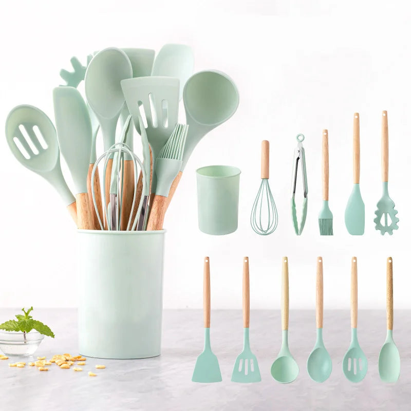 12pcs Eco-Friendly Wooden Handle Kitchenware Non-stick Baking Tool Silicone Food Grade Cooking Kitchen Utensil Set Storage Box