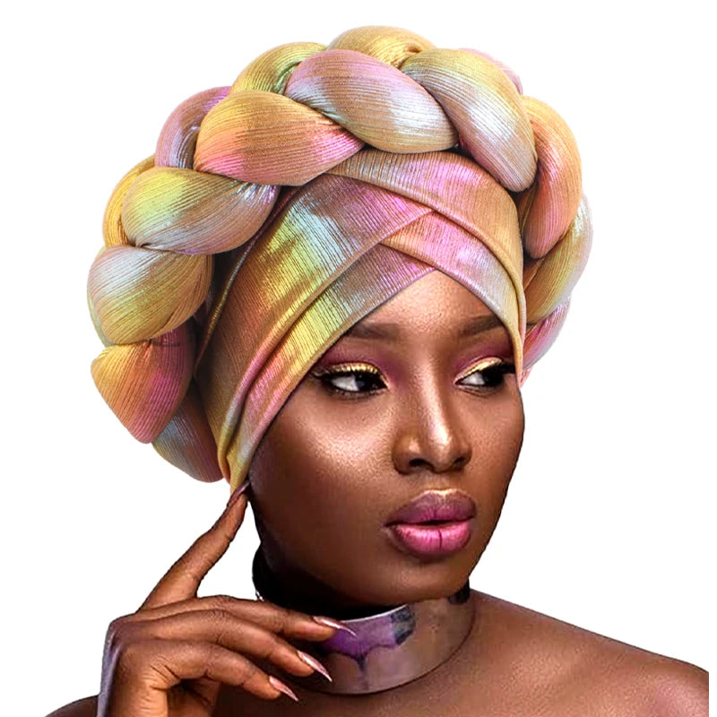 News African Big Braid Head Wrap Headwrap Bonnet Headscarf Hat Twist Turbans for Ladies Laser Colorful Sponge Toque