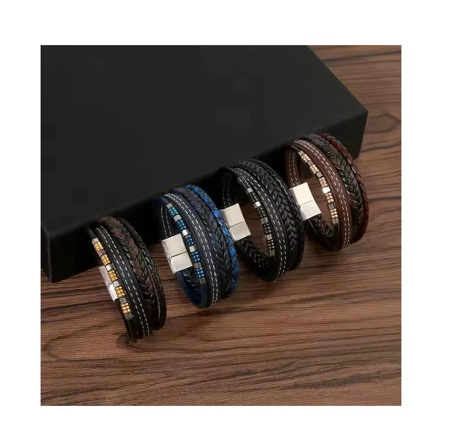 Fashion Men's Stainless Steel Leather Bracelet With Magnetic Clasp Handmade Woven Multilayer Leather Bracelet
