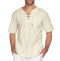 Wholesale Men's Workout T-Shirt Fashion Casual Hip Hop Linen Cotton Tshirt Solid Color Lace-up Pullover