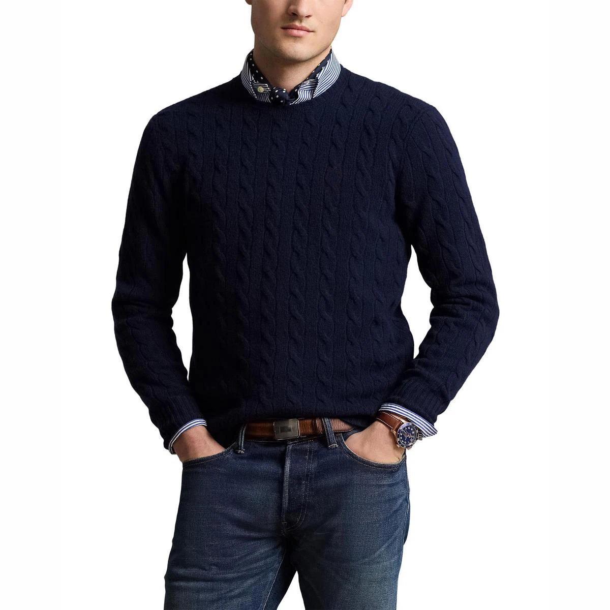 Custom Design Logo Knitted Pullover Top Knitwear Long Sleeve Crew Neck  Men's Cable Knit 100% Cotton Sweater