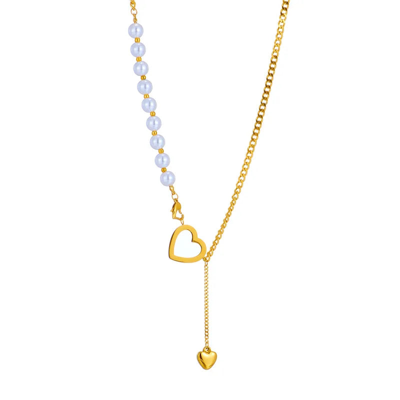 Fancy Jewelry Gold Plated Pearl Beaded Irregular Choker Necklace No Fade Stainless Steel Love Heart Pendant Necklace Women