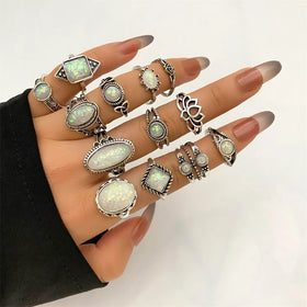 13Pcs/Set Vintage Style Gemstone Moonstone Ring Set for Women Jewelry Wholesale