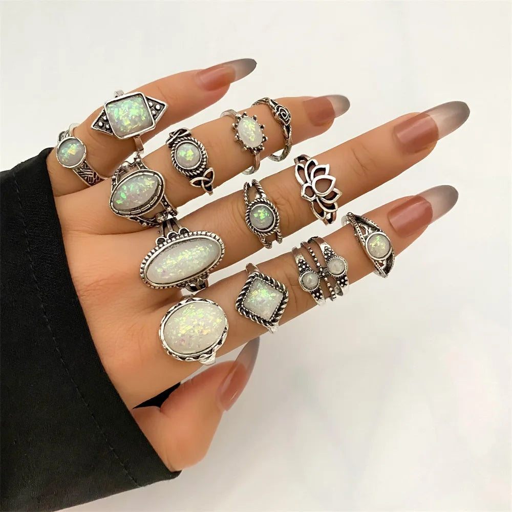 13Pcs/Set Vintage Style Gemstone Moonstone Ring Set for Women Jewelry Wholesale