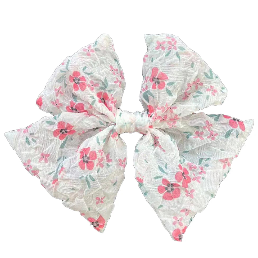 Custom Pleated Printing Chiffon Hair Bow Clips for Summer Breathable Fabric Hair Accessory