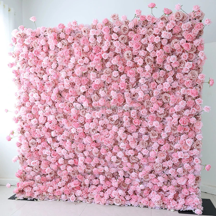 E 8ft X 8ft Wedding Back Drop Decor Pink Floral Wall Panel 3D Roll up Artificial Silk Rose Flower Wall Backdrop for Party Event