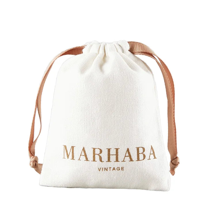 Custom Organic Cotton Drawstring Jewelry Pouch 100% Recyclable Silk Screen Printed Logo Gift Packaging for Rings Watches Eyewear
