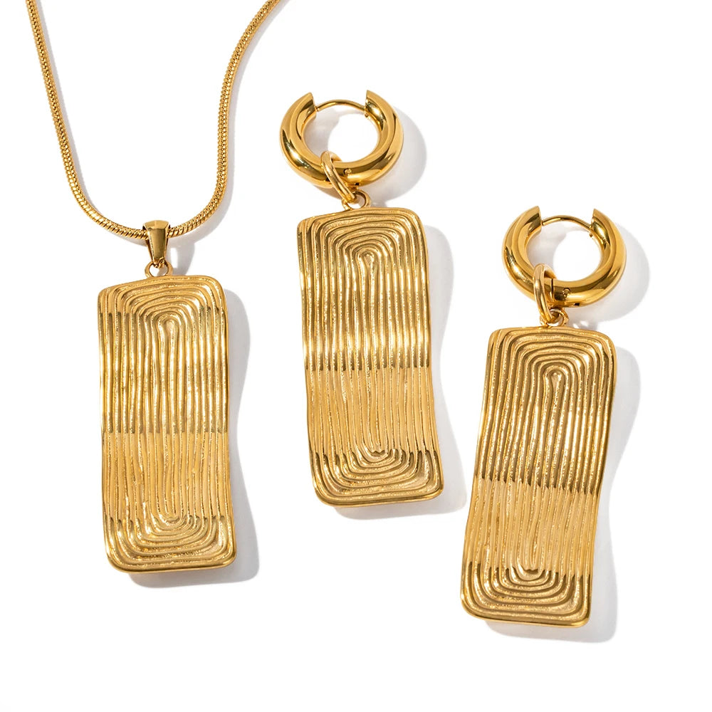 18K PVD Gold Plated Threaded Rectangular Pendant Necklace Stainless Steel Texture Stud Earrings for Women