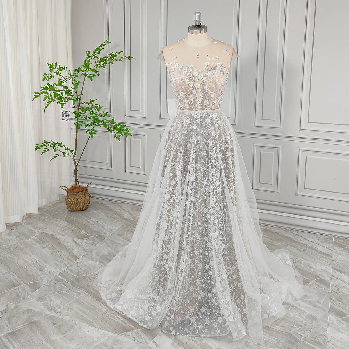 Real Photos High Quality Beaded Sequined Flowers Lace A-line Wedding Dress Elegant Women 2024 Illusion Bride Gown With Bow