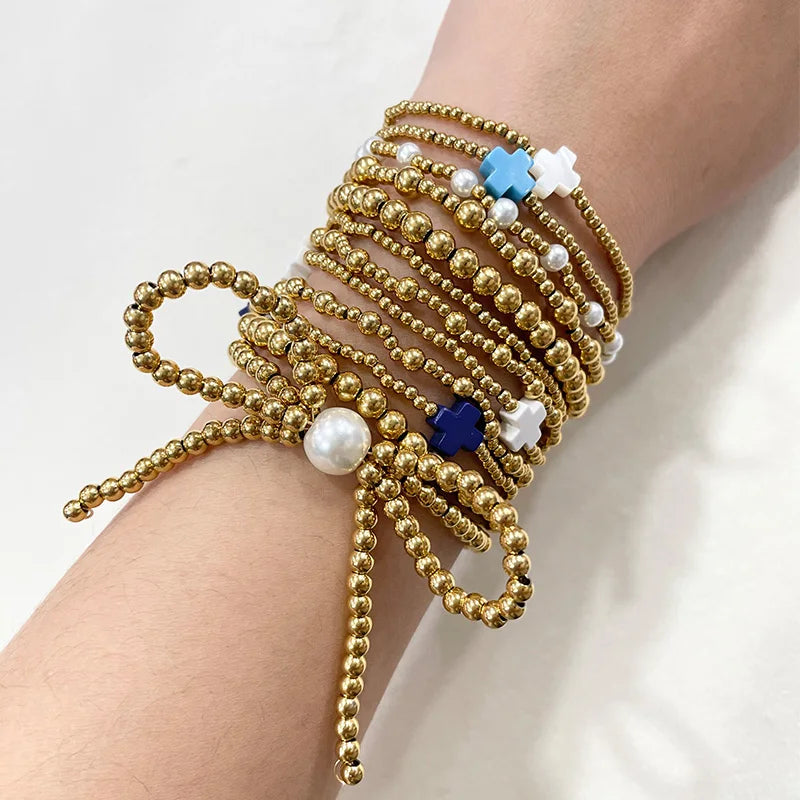 Cross Beaded 18K Gold Plated Pattern Stretch Bracelets 2.5mm Round Ball Elastic Stainless Steel Bead Bracelet for Women Jewelry