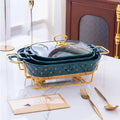Pink White Green Ceramic Food Pan Chafing Dish Casserole Set Porcelain Chaffing Dish for Buffet with Golden Stand