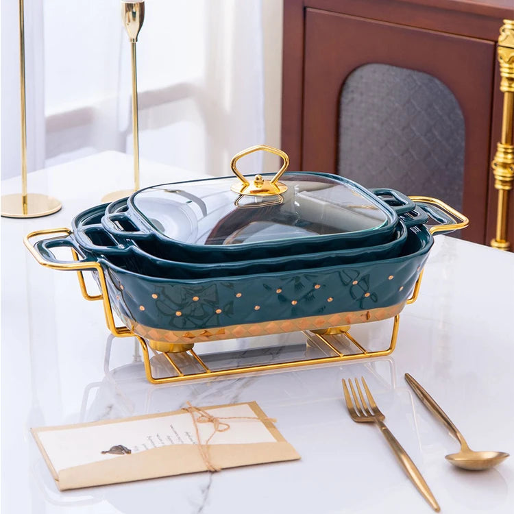 Pink White Green Ceramic Food Pan Chafing Dish Casserole Set Porcelain Chaffing Dish for Buffet with Golden Stand