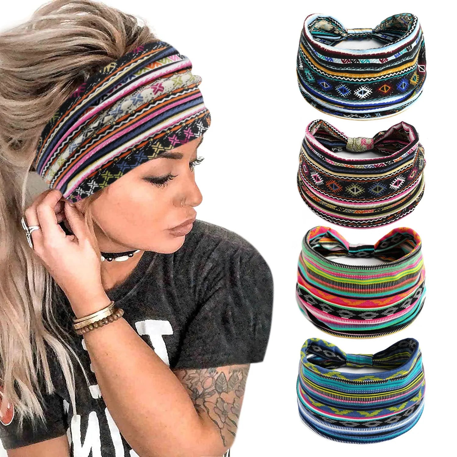 Women's Bohemian Wide Elastic Cotton Headband Turban Style Absorb Sweat Sports Yoga Makeup Headband