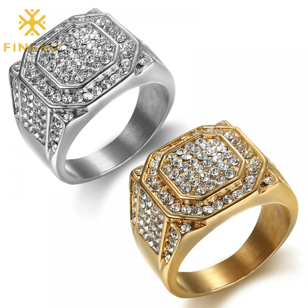 Wholesale Bijoux Hommes Luxury Iced Out Gold Plated Stainless Steel Diamond Hip Hop Rings for Men