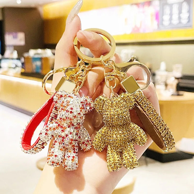 Hot Selling Cute Car Key Chain Diamond Bear Keychain for Woman Bag Flash Pendant