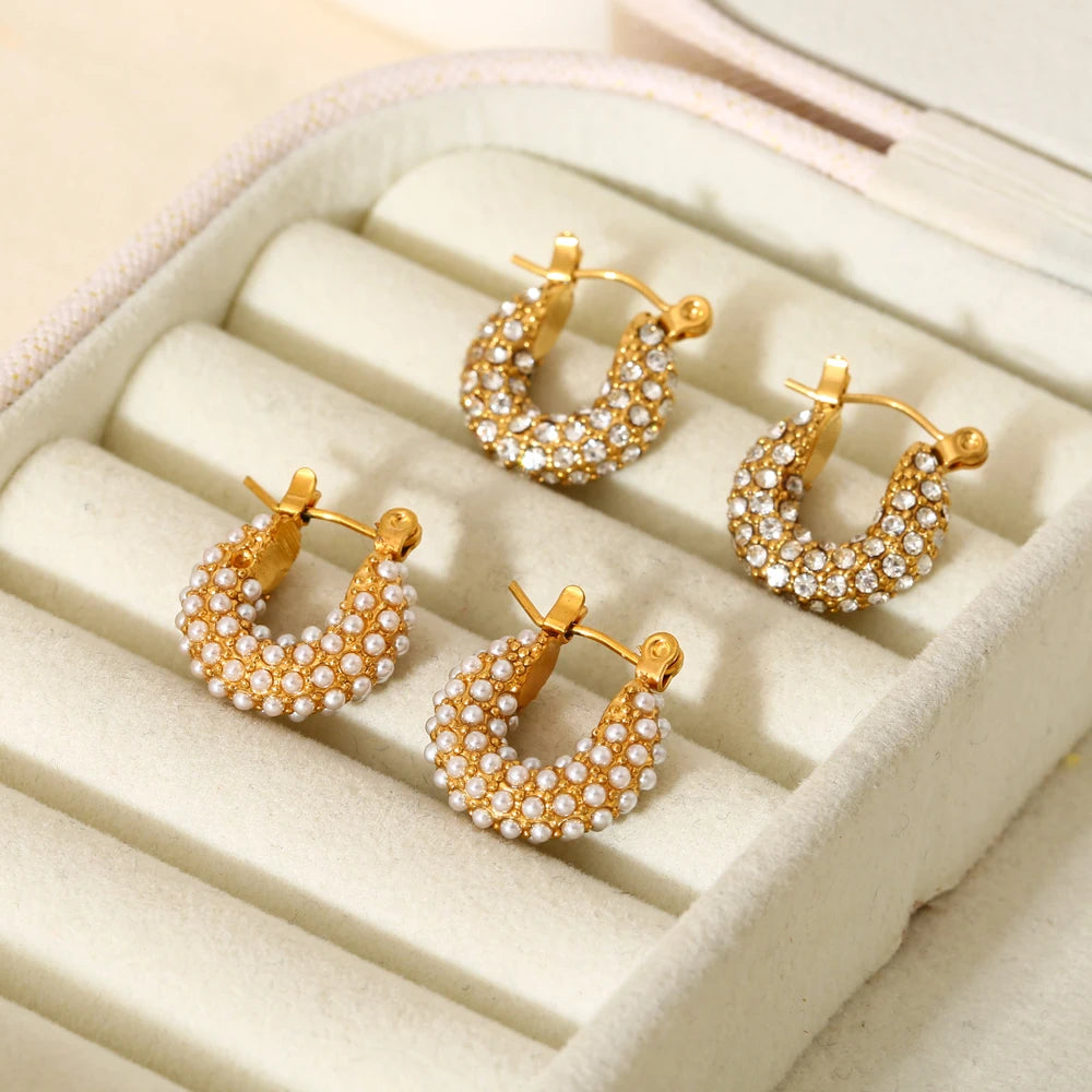 PVD 18K Gold Plated Stainless Steel Stone Imitation Pearl Paved Small Hoop Earrings for Women Waterproof Jewelry