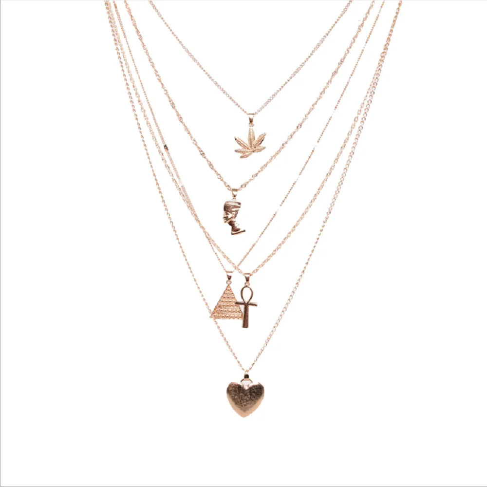 Fashion Brass Alloy Leaf Nefertiti Pyramid Peach Heart Pendant Multi Layer Chain Necklaces Jewelry for Women China Supplier
