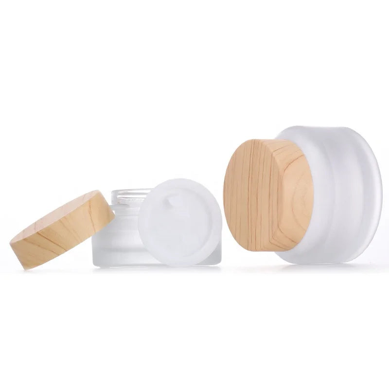 In Stock Luxury Glass Cream Jar 15g 30g 50g Frosted Glass Face Cream Jar with Wood Grain Lid
