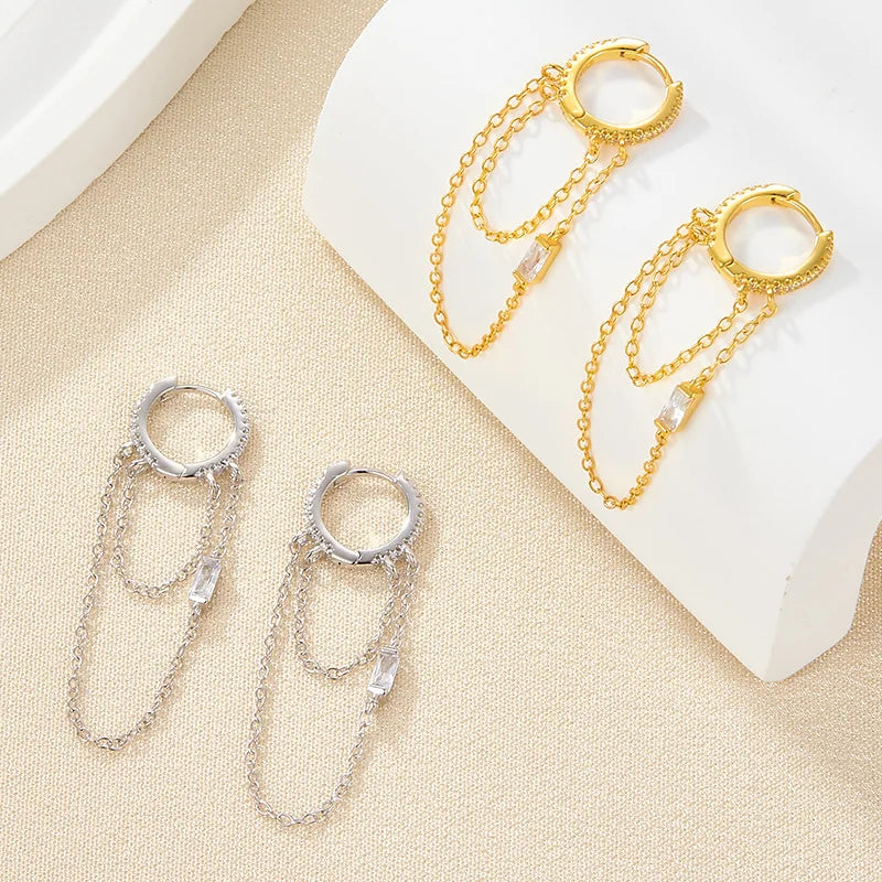 Daidan Long Earrings Gold Plated Double Layer Long Chain Drop Zircon Tassel Baguette Silver 925 Earring
