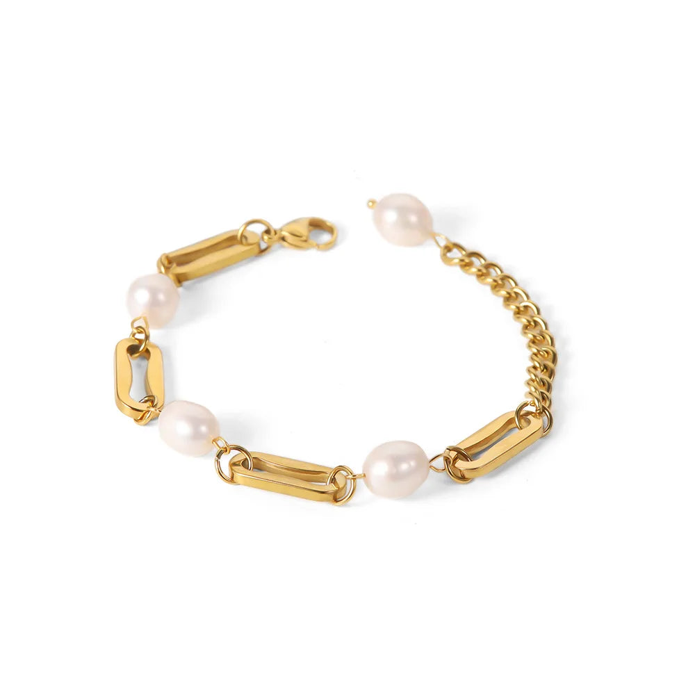 Stainless Steel 18k Gold Plated Clip Chain with Freshwater Pearl Bracelets Women Link Chain Bracelets