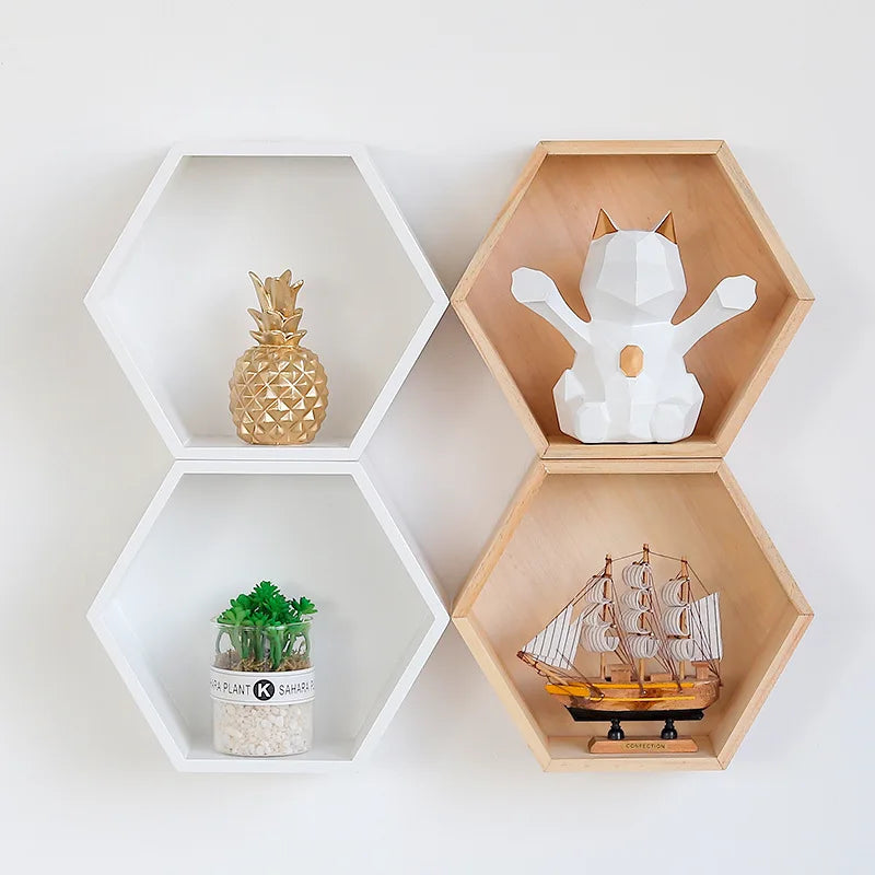Solid Wood Wall Decoration Pendant Hexagonal Shelf Wall Hanging Indoor Wall Decoration