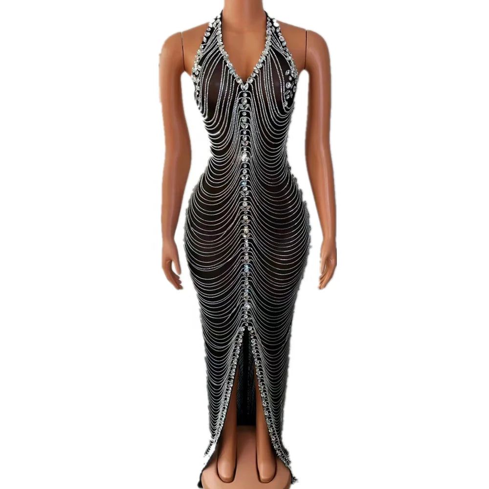 New Product 2023 Luxury Black Mesh Fringes Rhinestone Long Wedding Gown Backless Birthday Prom Dress Women Sexy Evening Dress