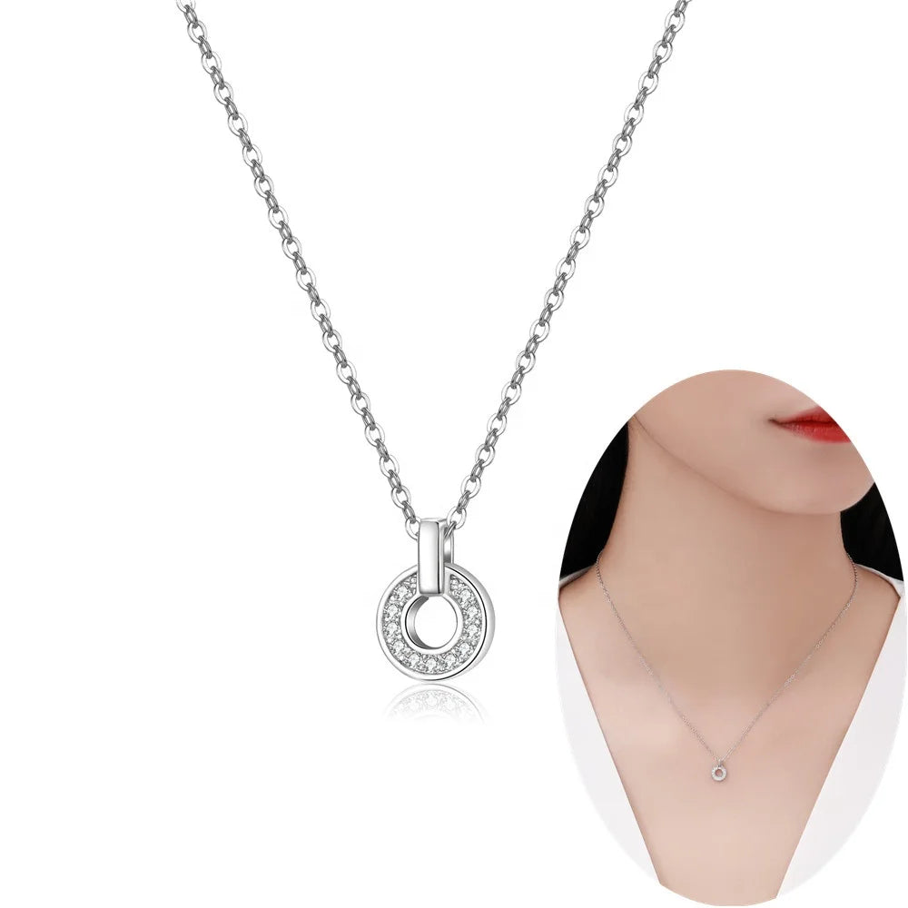NEW Wholesale 925 Sterling Silver Round Pendant Chain Necklace Cubic Zirconia Women Jewelry Necklace Circle Pendant Collar Chain