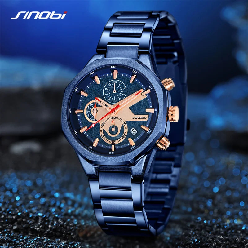 SINOBI Men's Business Style Quartz Watch Chronograph Waterproof Alloy Case Glass Pointer Hands Stylish Stainless Steel Band Gift MegaBDM