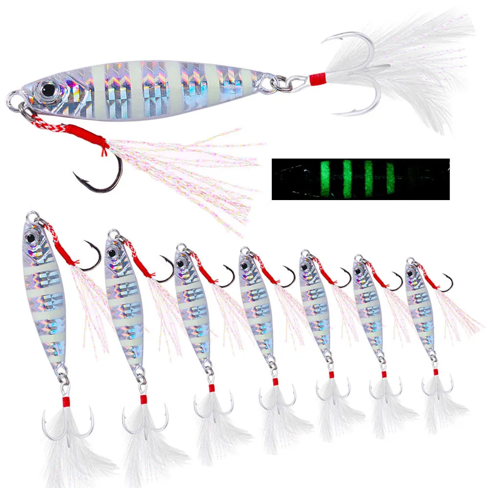 HENGJIA 10g-60g Luminous Metal Jig Lure Saltwater Fishing Jigging Lures with Premium Treble Hook for Sea Trolling