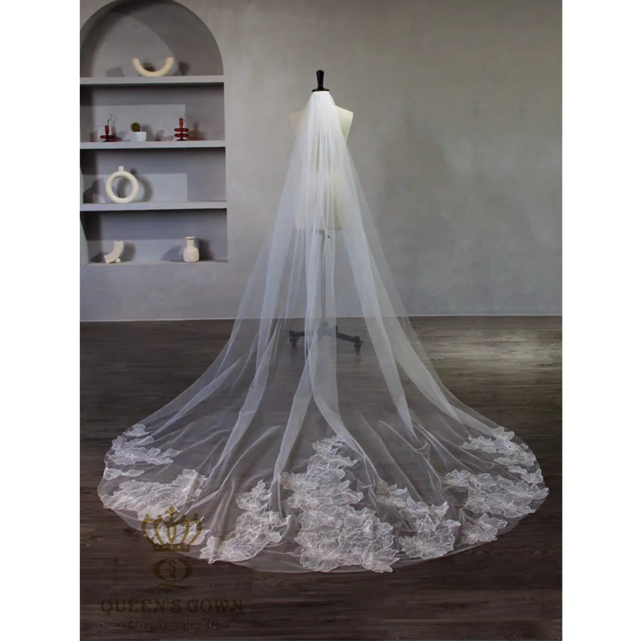 QUEENSGOWN New Style Bridal One Layer Long Veils Flower Applique With Sequins Wedding Dress Fashion Accessories