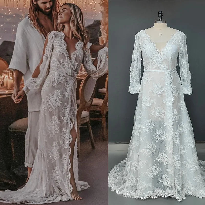 10375#Real Photos Lace Bohemian Deep V-Neck Sexy Open Back Sheath Boho Sweep Train Wedding Dress Wedding Bridal Gown