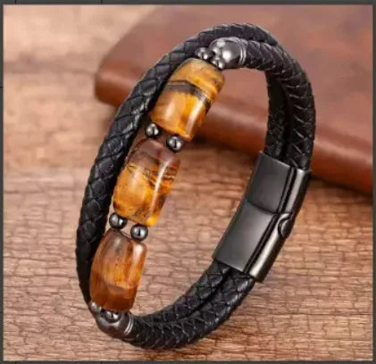 Braided Double Layer Tiger Eye Natural Stone Bead Bracelet Metal Clasp Stainless Steel Magnetic Clasp Bracelet for Men Women