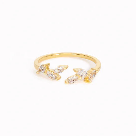 Open Leaf Ring Features Brilliant Marquise White Gemstones CZ Adjustable Ring in 925 Sterling Silver