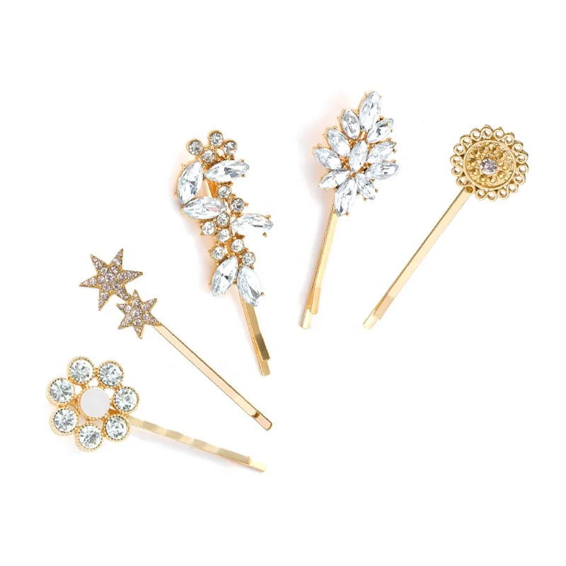 5pcs Pack Luxury Alloy Metal Hairpins Hair Bangs Clip Bobby Pins Leaf Star Sun Flower Bling Sparkle Rhinestone Hair Pin Sets