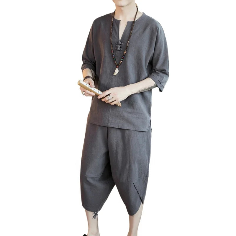 Liu Ming Cheap Wholesale Products Summer Men Summer Chinese Style Linen Cotton Loose Short Sleeve Pants Set